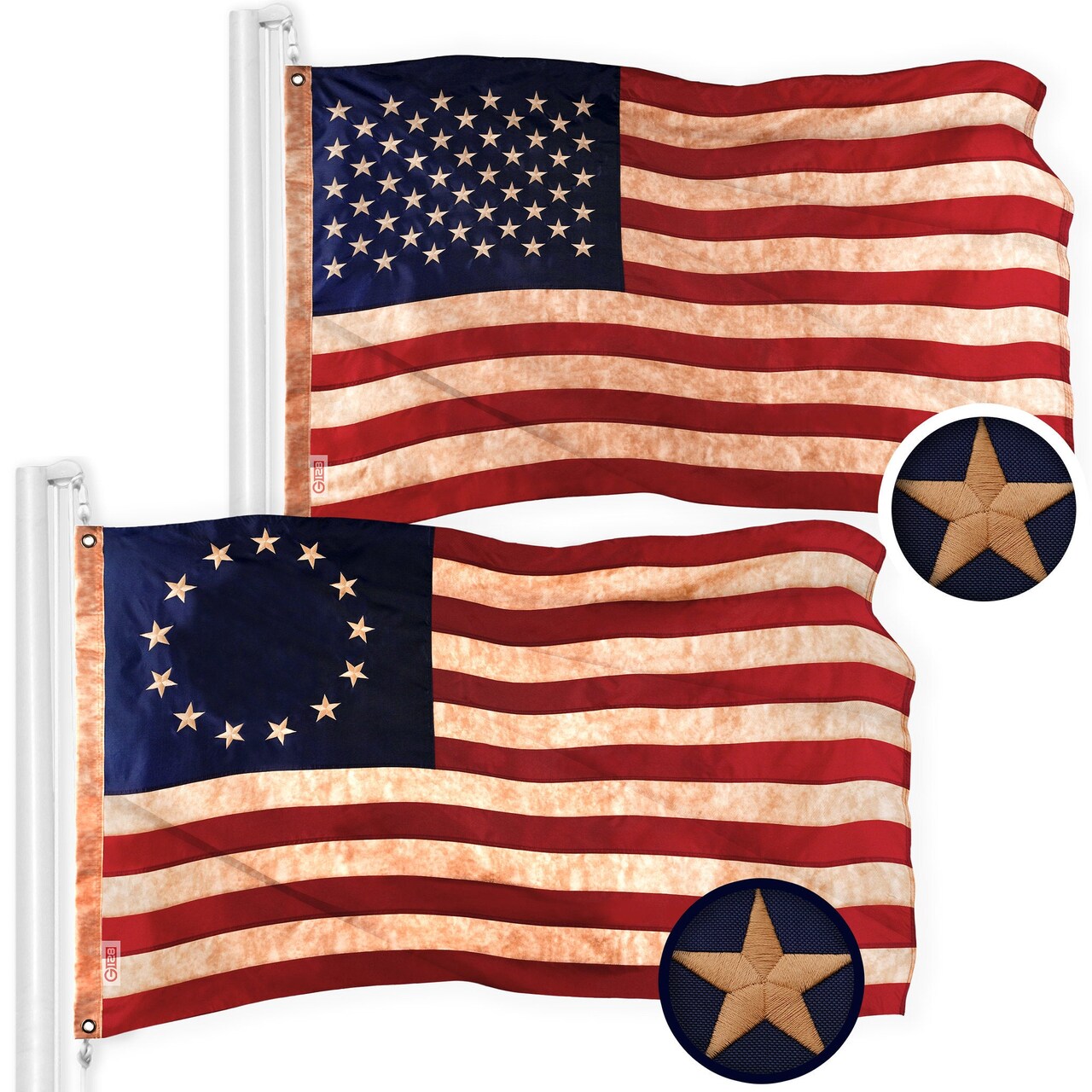 G128 Combo Pack: American USA Tea-Stained Flag 2x3 Ft & Betsy Ross Tea-Stained Flag 2x3 Ft | Both ToughWeave Pro Series Embroidered 420D Polyester, Embroidered Design, Brass Grommets